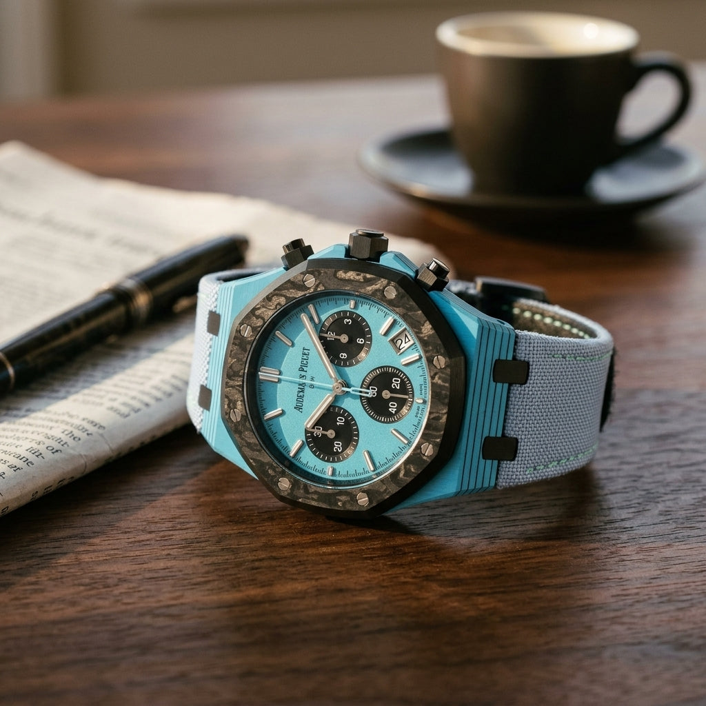 Octagonal chronograph with a sky-blue case and a black forged-carbon bezel on a dark walnut desk beside a fountain pen