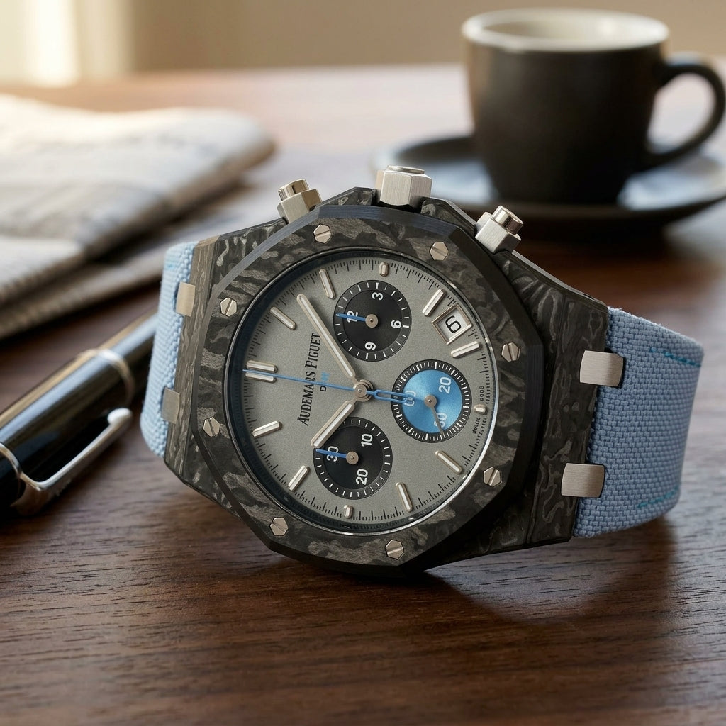 Black forged-carbon octagonal chronograph with a grey dial and a sky-blue counter on a dark walnut desk beside a fountain pen