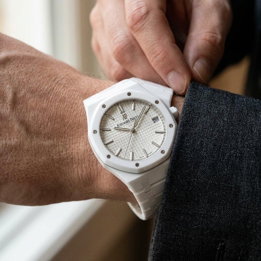 White ceramic octagonal sports watch on the wrist as a shirt cuff is fastened