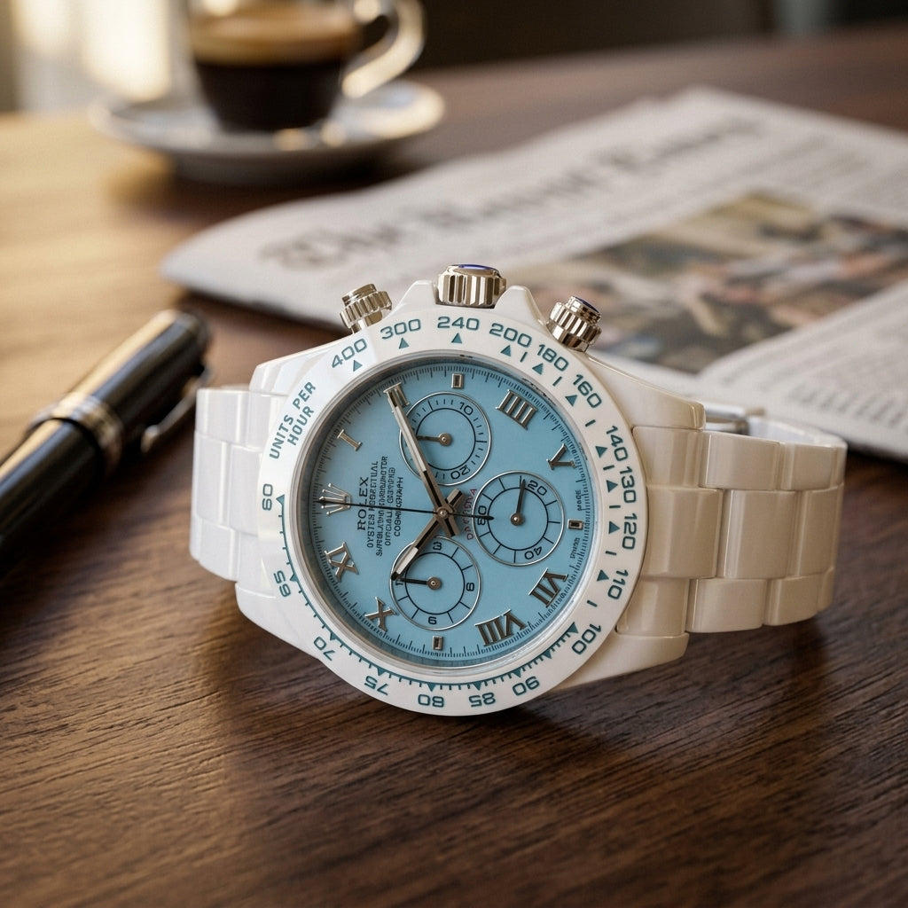 White ceramic chronograph with a light blue dial on a pale oak desk beside a fountain pen