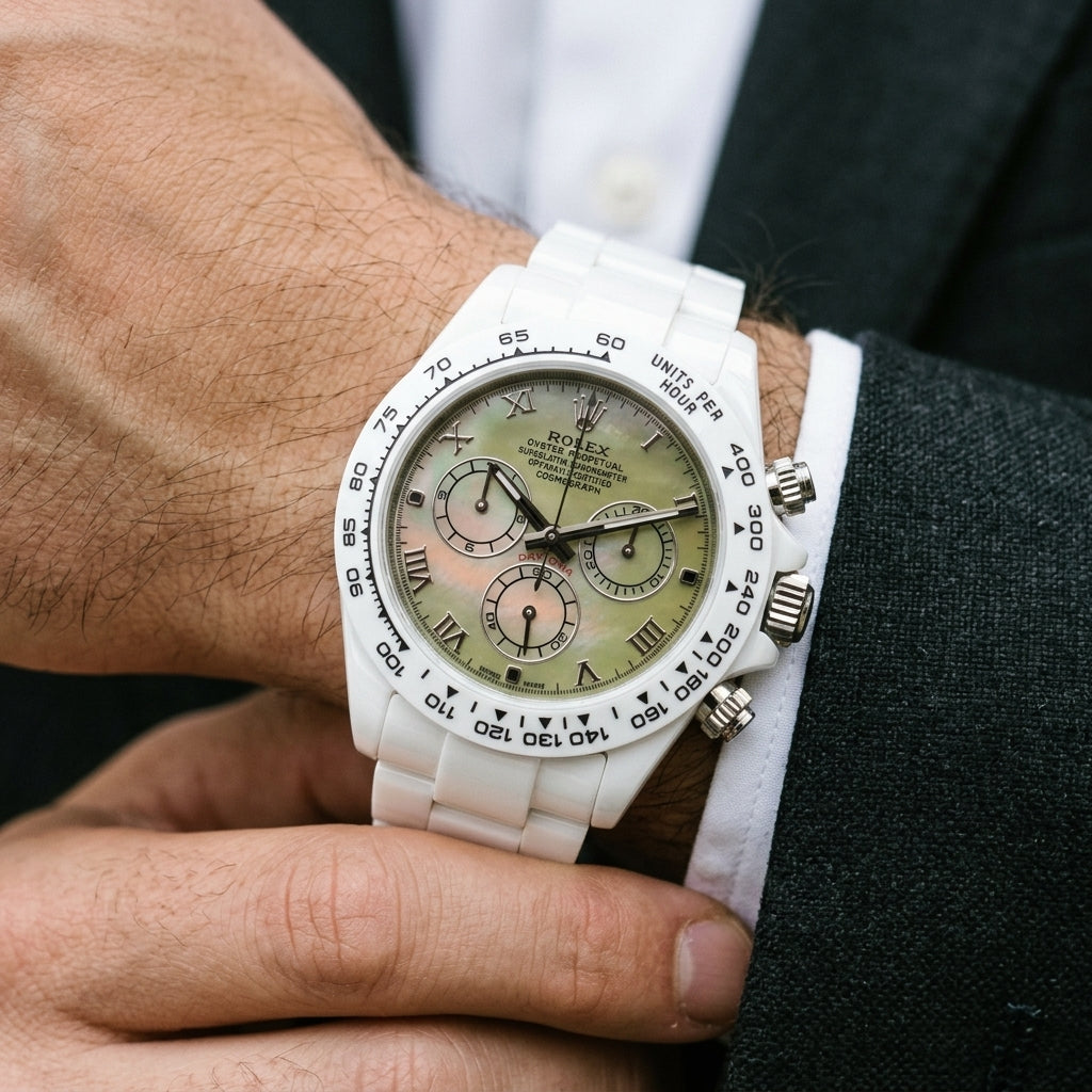 White ceramic chronograph with a green mother-of-pearl dial on the wrist as a shirt cuff is fastened