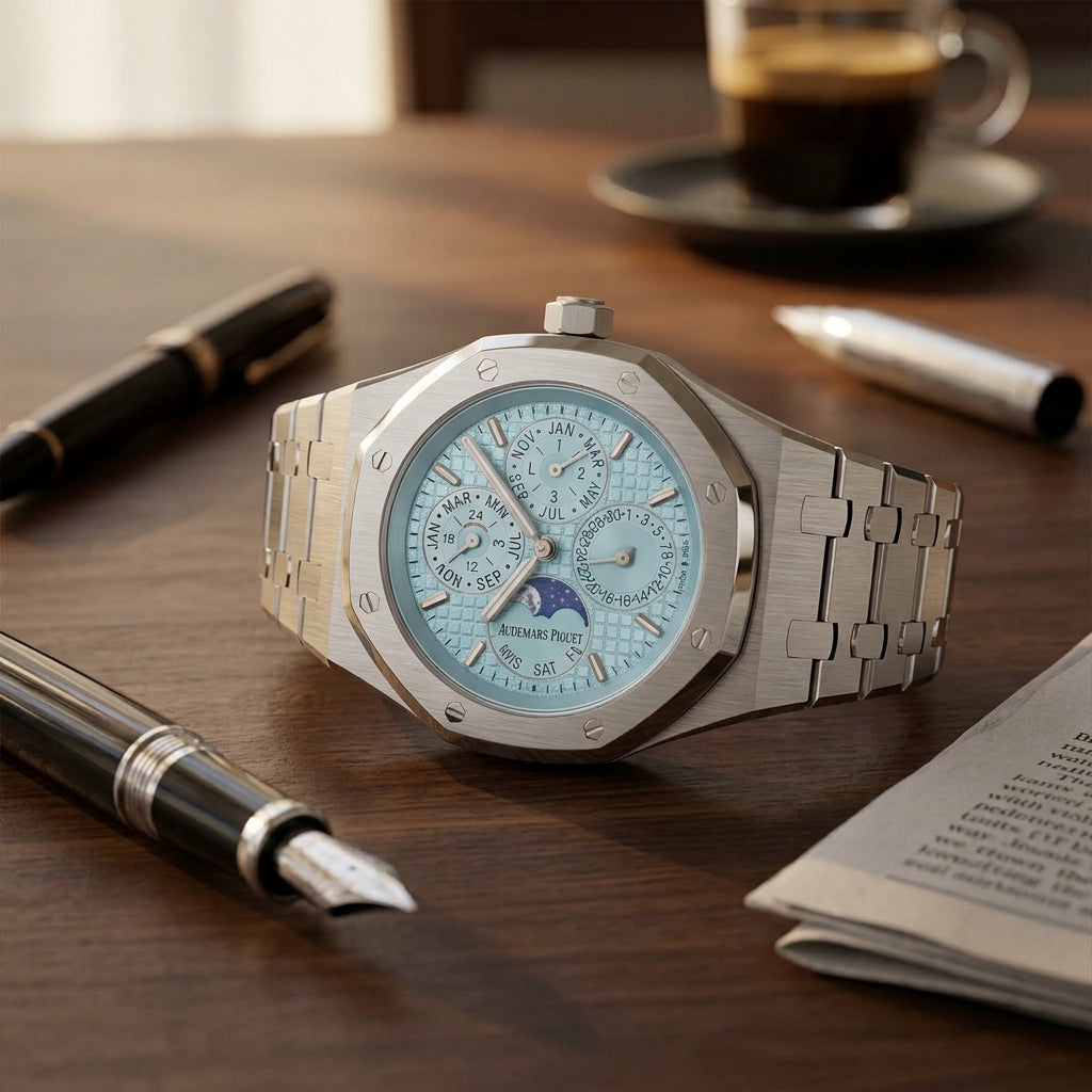 Octagonal perpetual calendar watch with an ice blue dial on a dark walnut desk beside a fountain pen