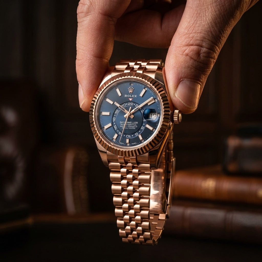 Macro of the fluted rose-gold bezel and sunburst blue dial