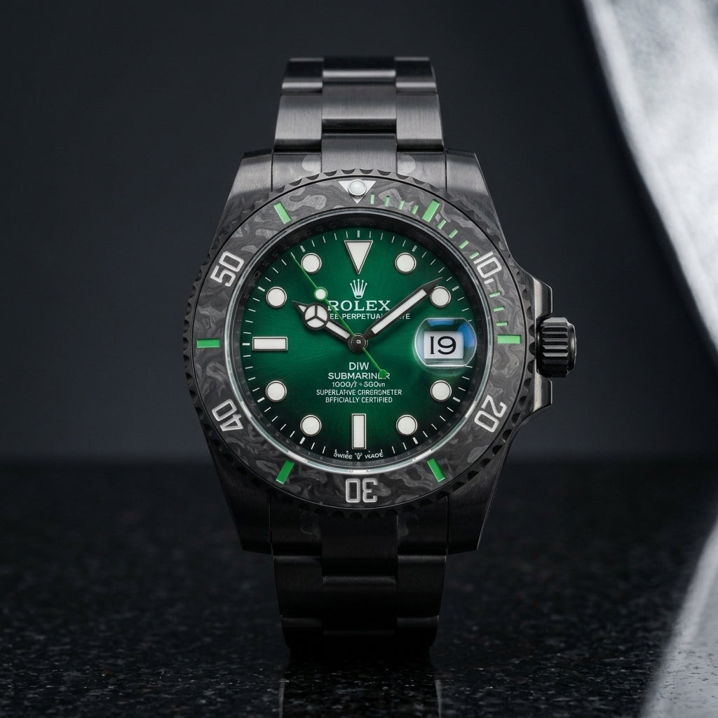 Green dial carbon dive watch worn under a navy suit cuff