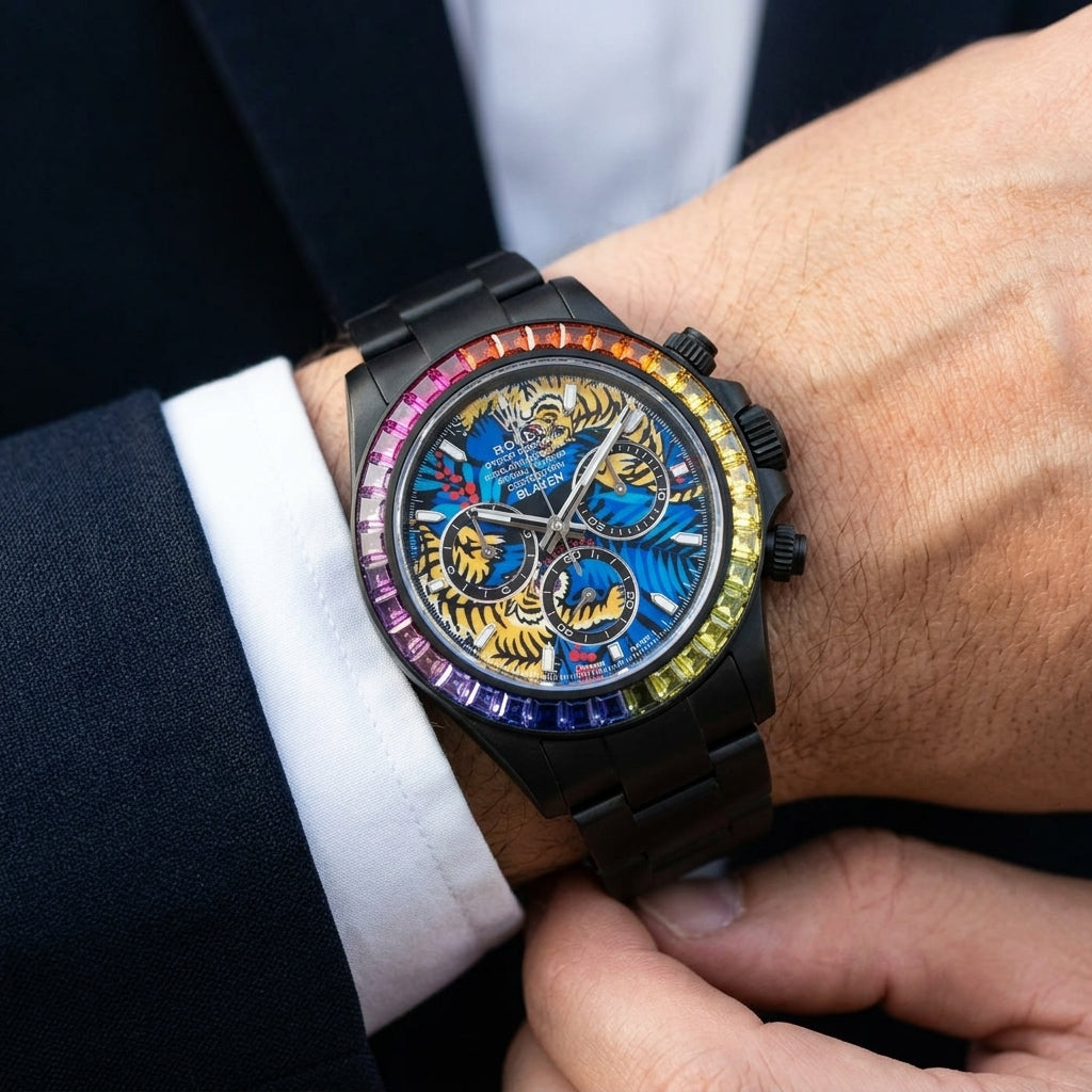 Black DLC chronograph with a tiger dial and rainbow stone bezel on the wrist as a shirt cuff is fastened