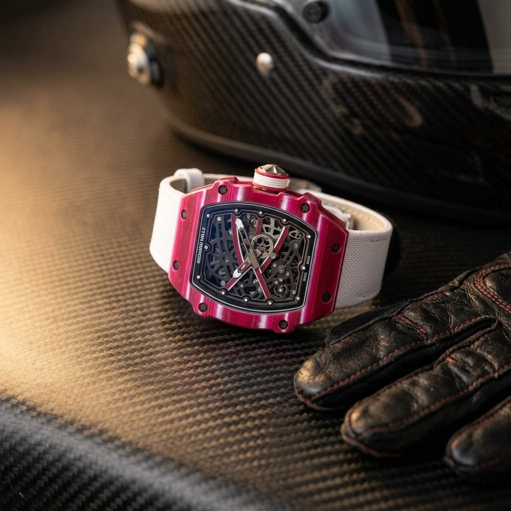 Raspberry carbon composite tonneau case with skeleton dial