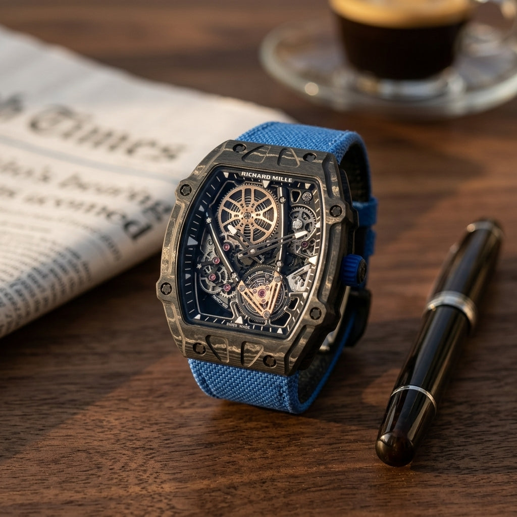 Black carbon flying tourbillon watch with a blue strap on a dark walnut desk beside a fountain pen