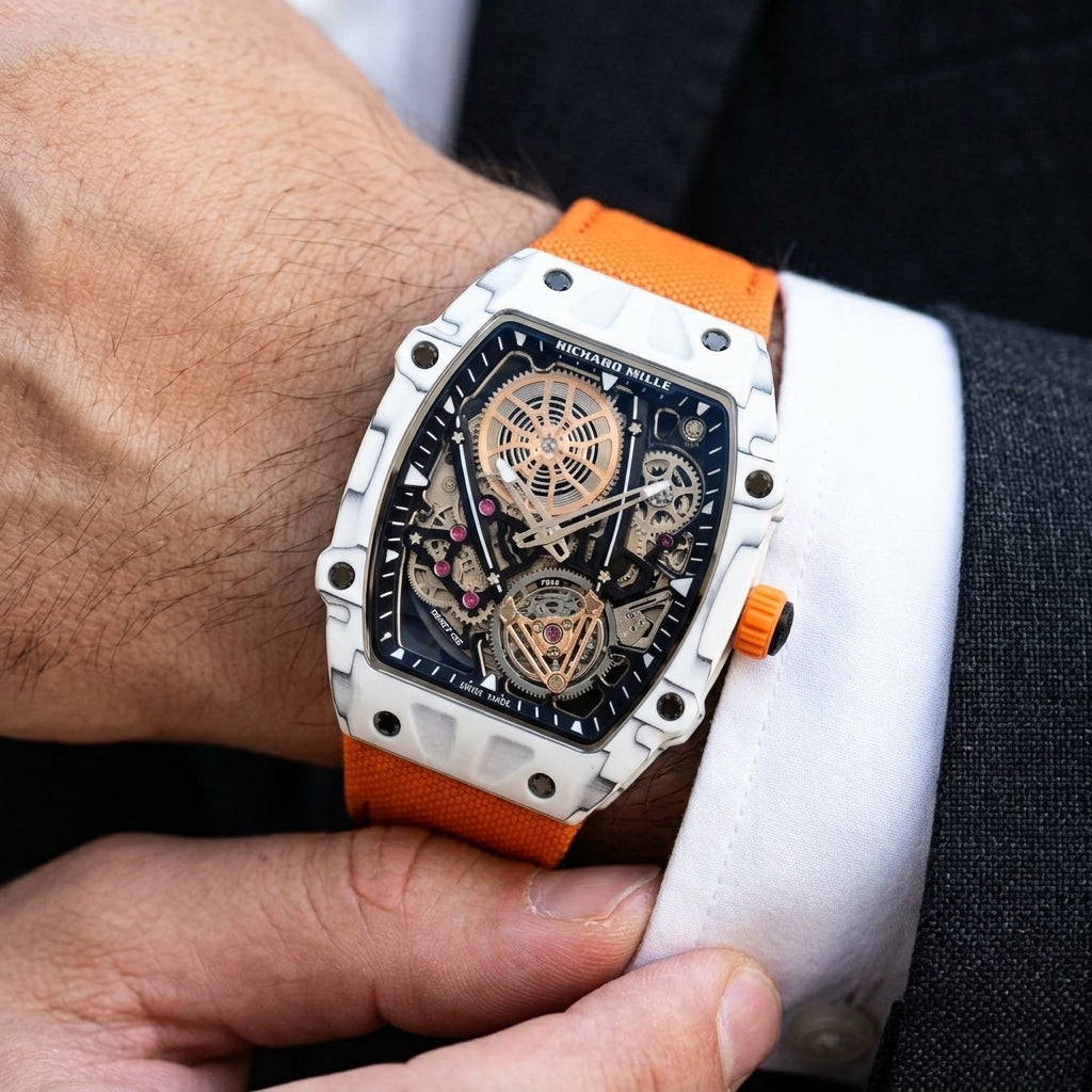 White carbon skeleton tourbillon watch with an orange strap on the wrist as a shirt cuff is fastened