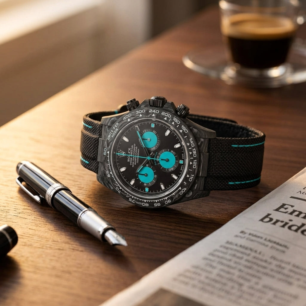 Turquoise-cased chronograph with a forged-carbon bezel and a black dial on a dark walnut desk beside a fountain pen