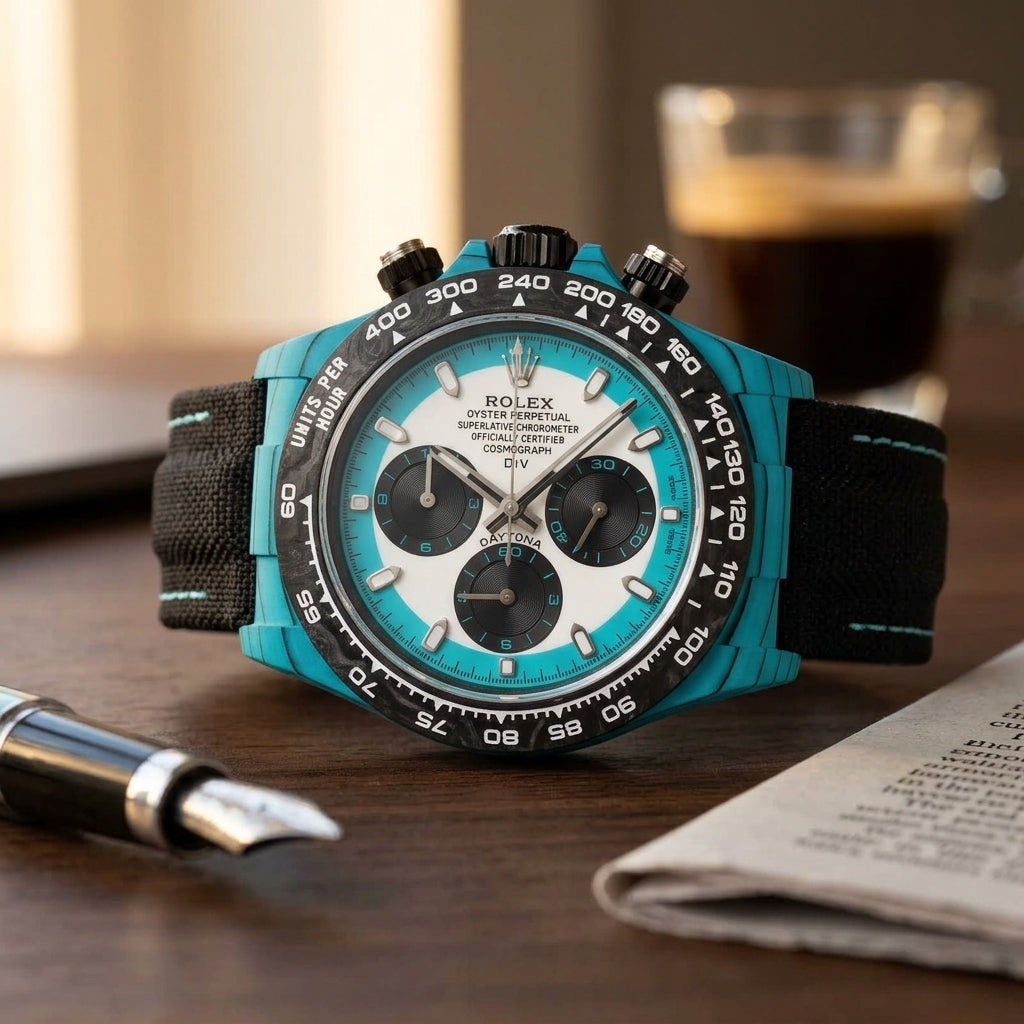 Turquoise-cased chronograph with a white dial, a turquoise chapter ring and black sub-dials on a dark walnut desk beside a fountain pen
