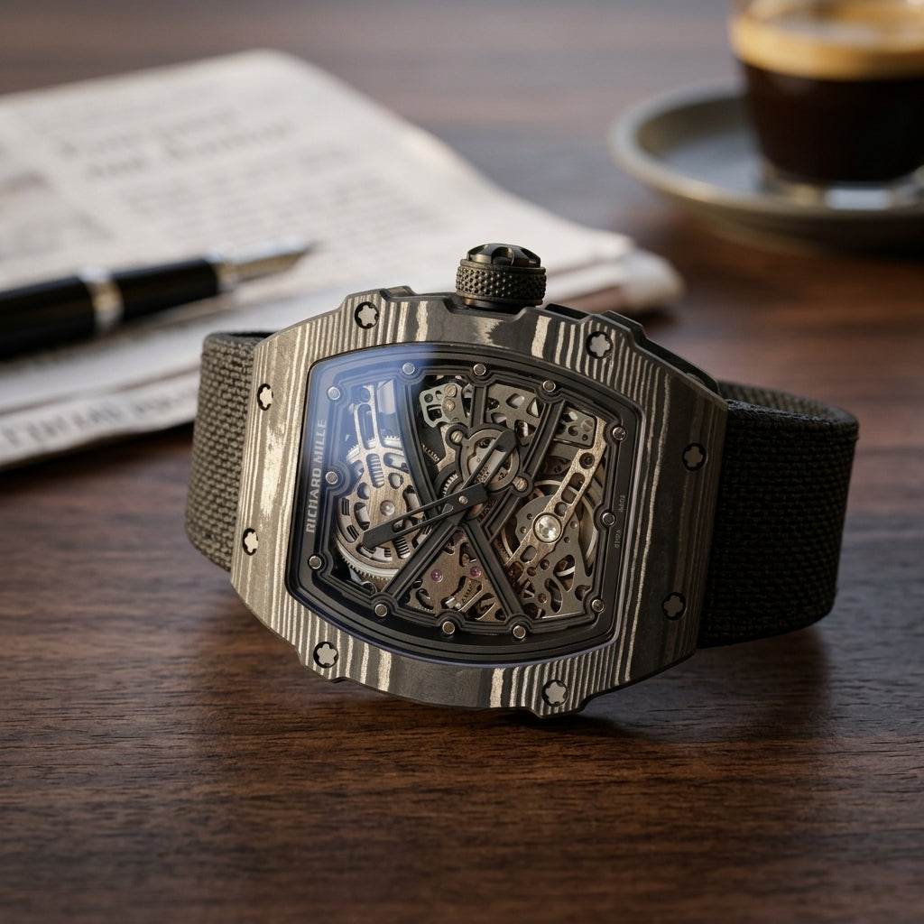 All-black carbon tonneau skeleton watch on a dark walnut desk beside a fountain pen