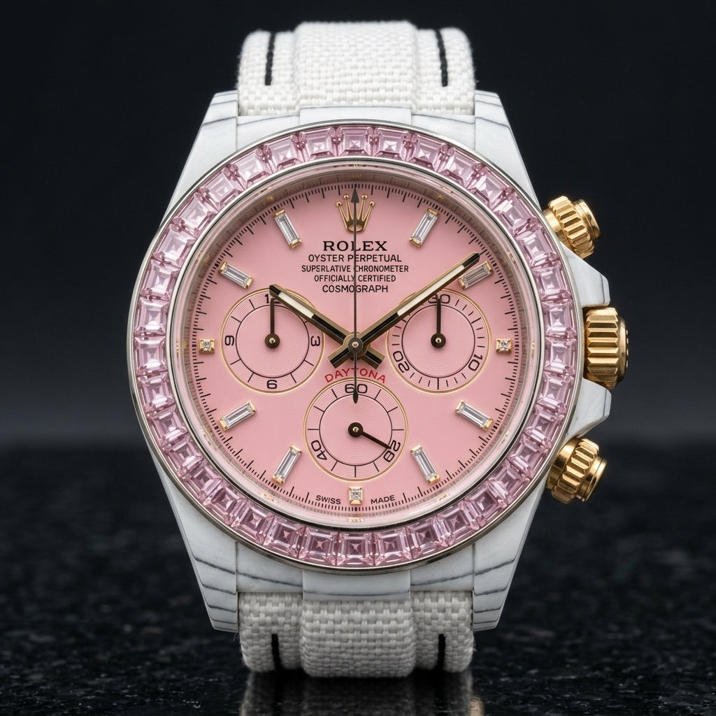 White carbon chronograph with a pale pink stone bezel on its white woven strap, worn on the wrist below a cream sleeve