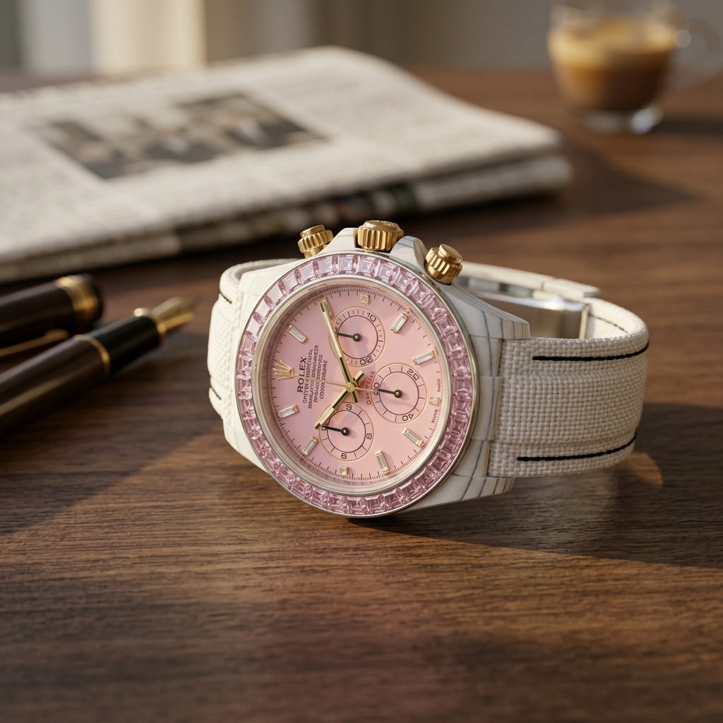 White carbon chronograph with a pale pink stone bezel and a pink dial on a dark walnut desk beside a fountain pen