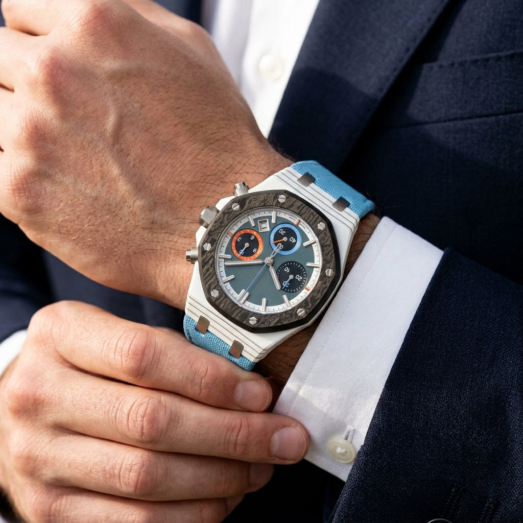 White quartz-fibre racing chronograph with a black carbon bezel on the wrist as a shirt cuff is fastened
