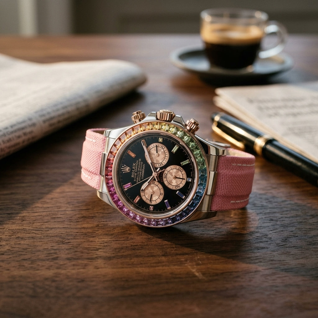 White-cased chronograph with a rainbow stone bezel and a pink woven strap on a dark walnut desk beside a fountain pen