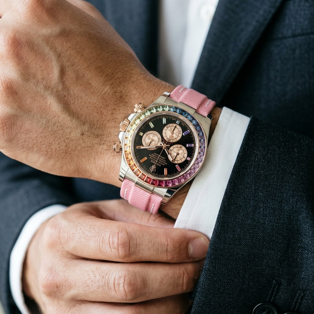 White-cased chronograph with a rainbow stone bezel and a pink woven strap on the wrist as a shirt cuff is fastened
