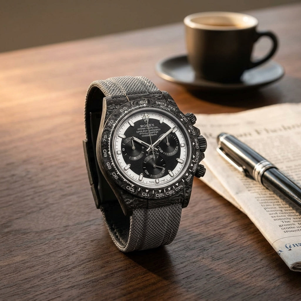 Forged-carbon chronograph with a black dial inside a white chapter ring on a dark walnut desk beside a fountain pen