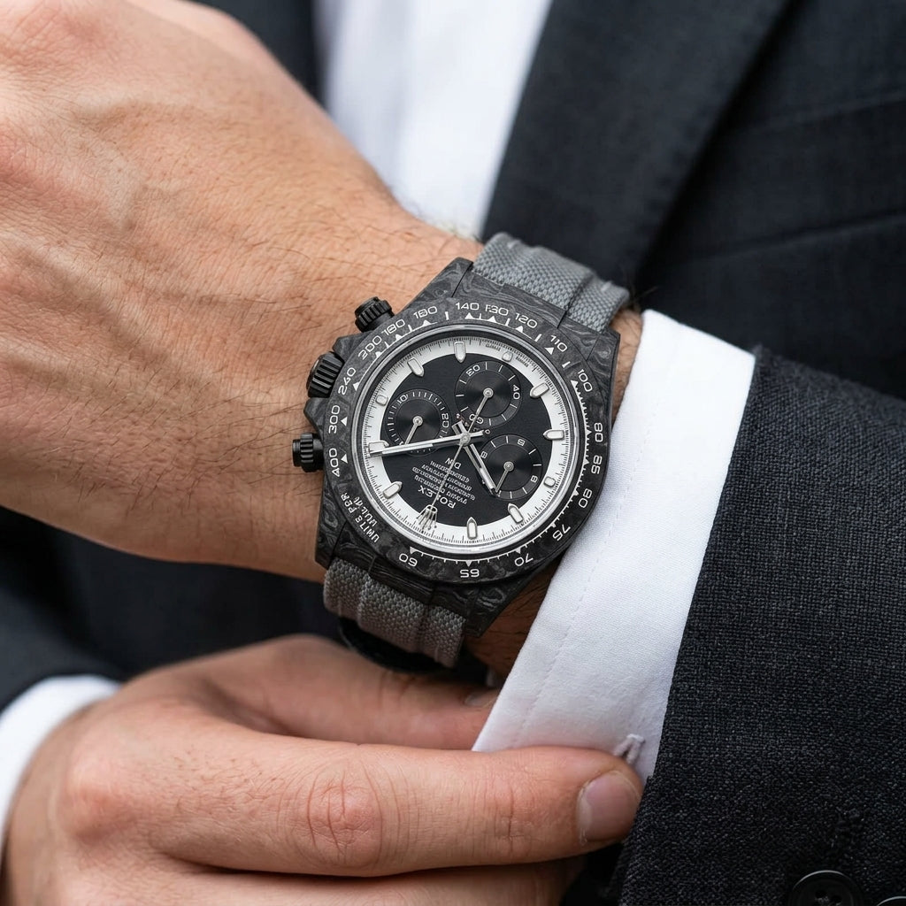 Forged-carbon chronograph with a black dial inside a white chapter ring on the wrist as a shirt cuff is fastened