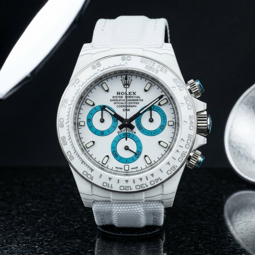Racing Chronograph — White Ceramic, Turquoise Counters — alternate studio angle