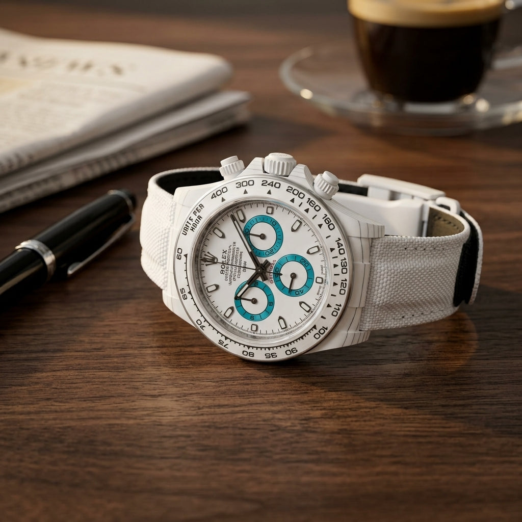 White ceramic chronograph with turquoise counters on a dark walnut desk beside a fountain pen