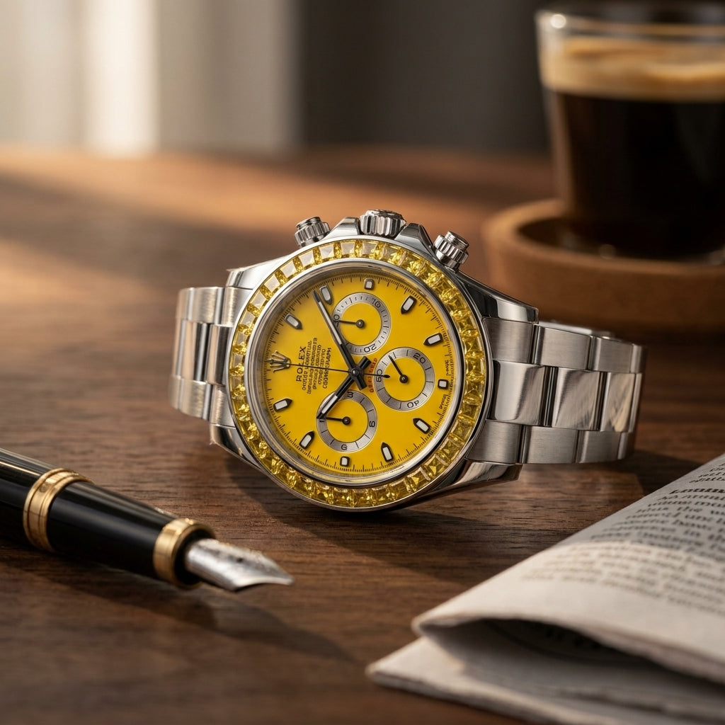 Steel chronograph with a canary yellow dial and a matched yellow stone bezel on a dark walnut desk beside a fountain pen