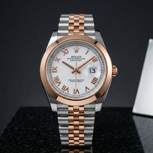Studio photograph of the Datejust 41 on black granite