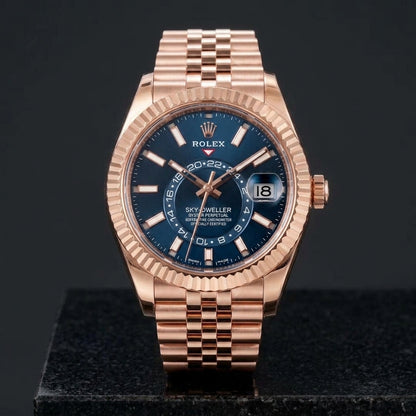Studio photograph of the Sky-Dweller Rose Gold on black granite