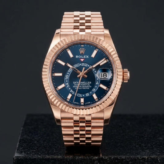 Studio photograph of the Sky-Dweller Rose Gold on black granite