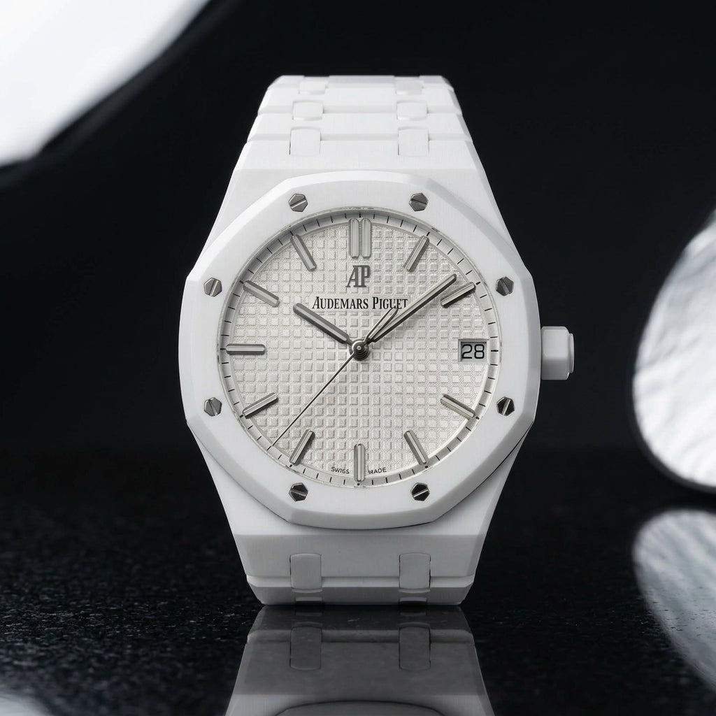 Octagonal Sports Watch — White Ceramic — studio photograph on black granite