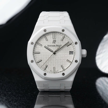 Octagonal Sports Watch — White Ceramic — studio photograph on black granite