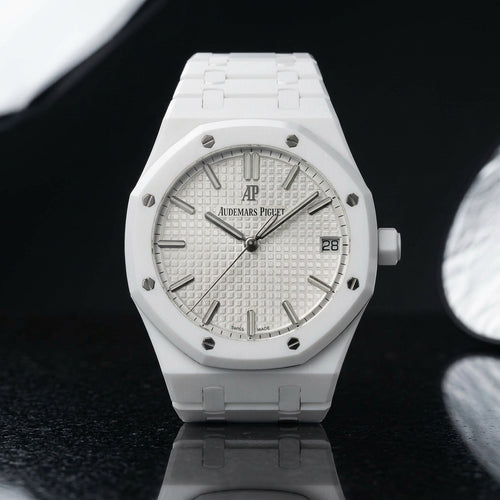 Octagonal Sports Watch — White Ceramic — studio photograph on black granite
