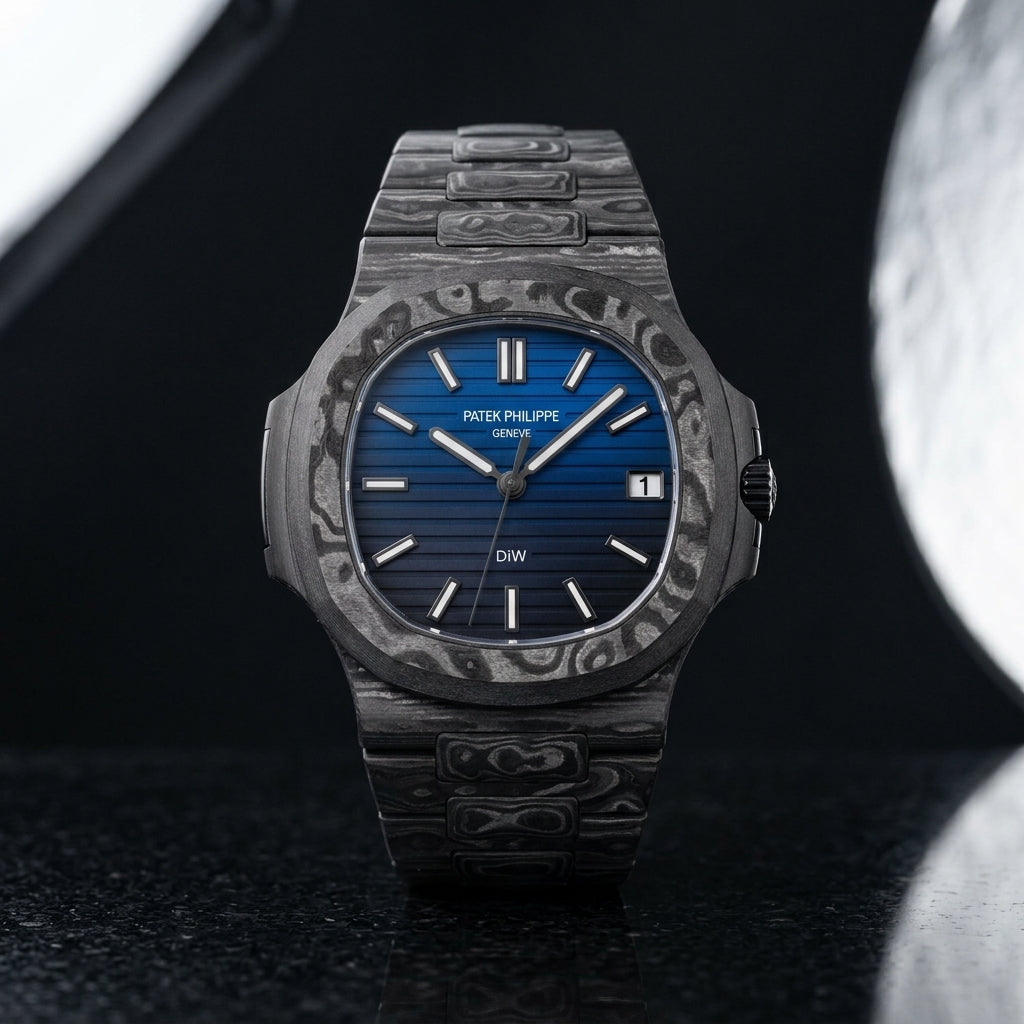 Carbon Sports Watch — Blue Gradient Dial — studio photograph on black granite