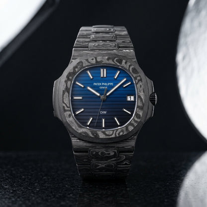 Carbon Sports Watch — Blue Gradient Dial — studio photograph on black granite