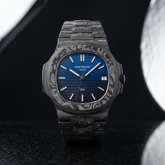 Carbon Sports Watch — Blue Gradient Dial — studio photograph on black granite