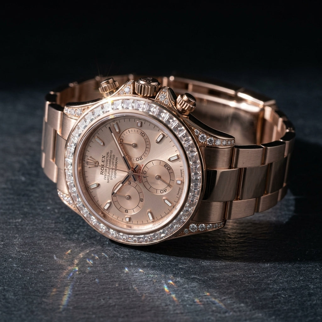 Three-quarter view showing the case profile and bracelet of the Daytona