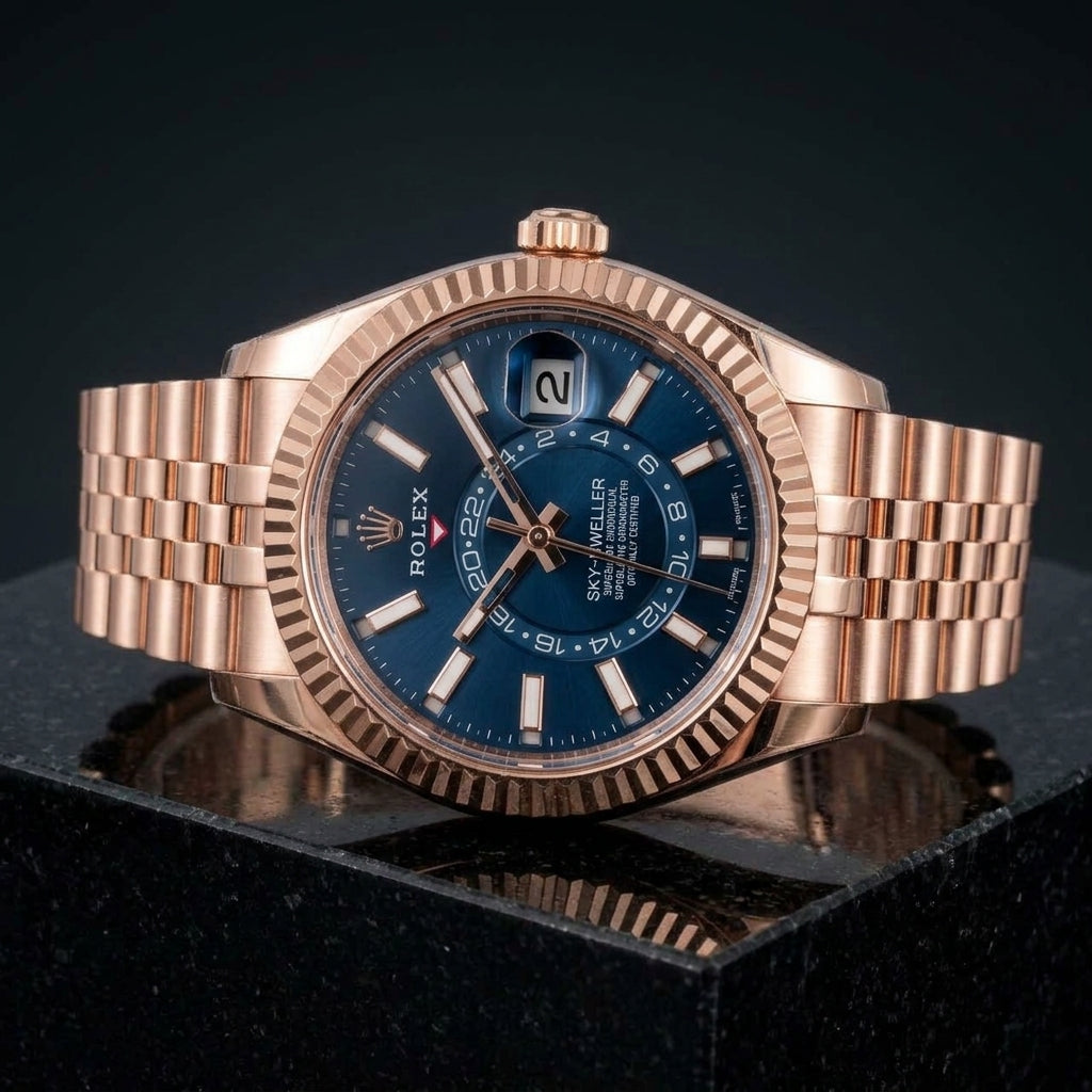 Three-quarter view showing the case profile and bracelet of the Sky-Dweller Rose Gold