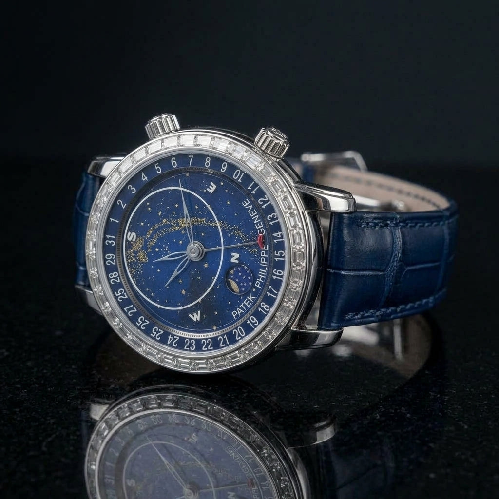 Three-quarter view showing the case profile and bracelet of the Celestial Star Map