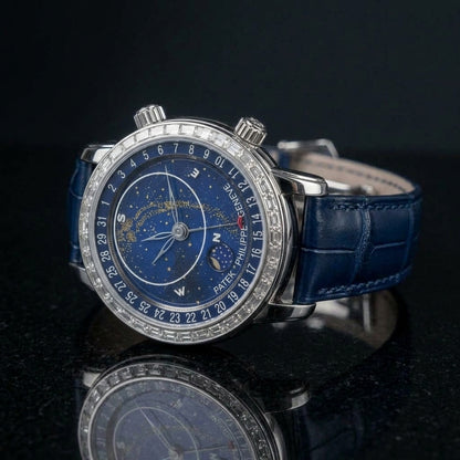 Three-quarter view showing the case profile and bracelet of the Celestial Star Map
