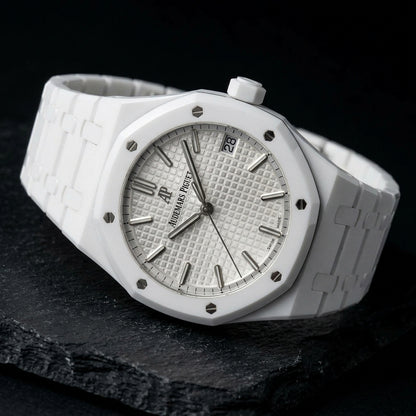 Octagonal Sports Watch — White Ceramic — three-quarter view showing case and bracelet profile