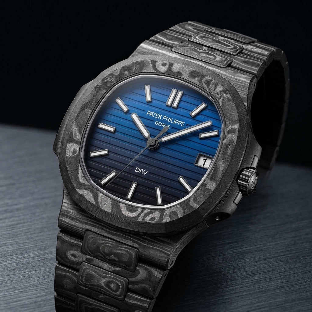 Carbon Sports Watch — Blue Gradient Dial — three-quarter view showing case and bracelet profile