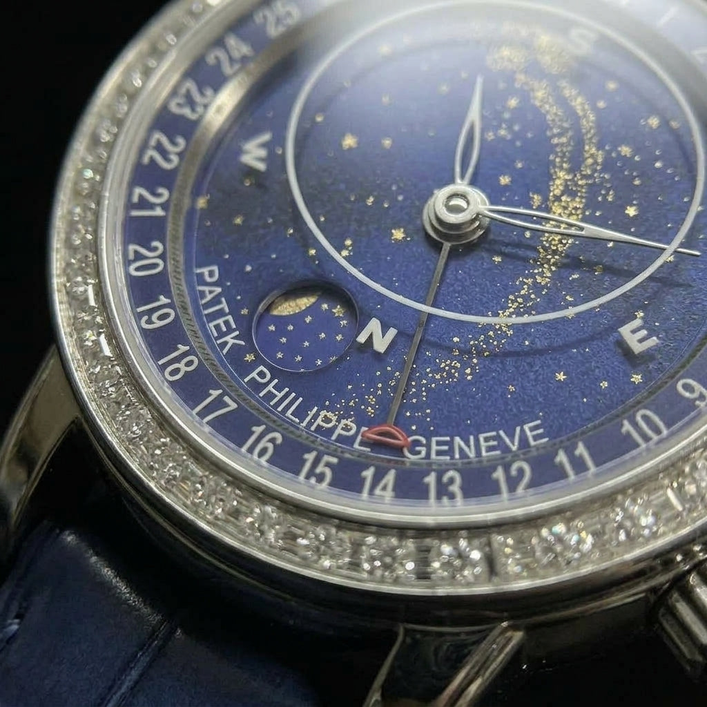 Close macro of the dial and bezel detail on the Celestial Star Map