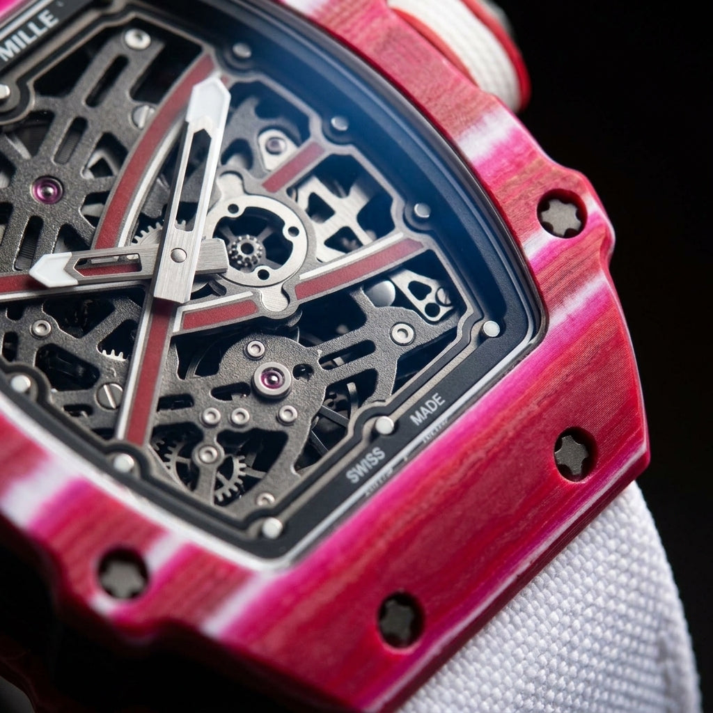 Close macro of the dial and bezel detail on the Raspberry Tonneau