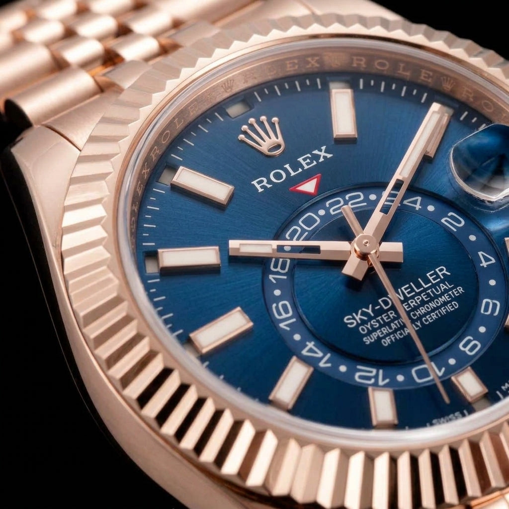 Close macro of the dial and bezel detail on the Sky-Dweller Rose Gold