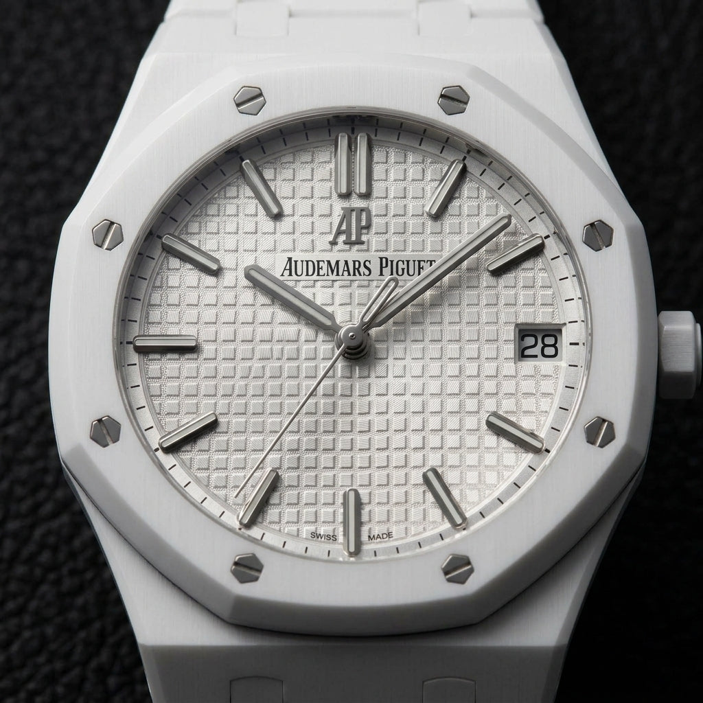 Octagonal Sports Watch — White Ceramic — macro of the dial and bezel detail