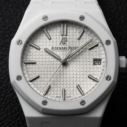 Octagonal Sports Watch — White Ceramic — macro of the dial and bezel detail