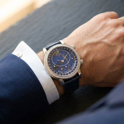 The Celestial Star Map worn on the wrist beneath a tailored shirt cuff
