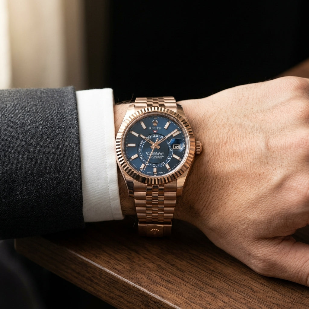 The Sky-Dweller Rose Gold worn on the wrist beneath a tailored shirt cuff