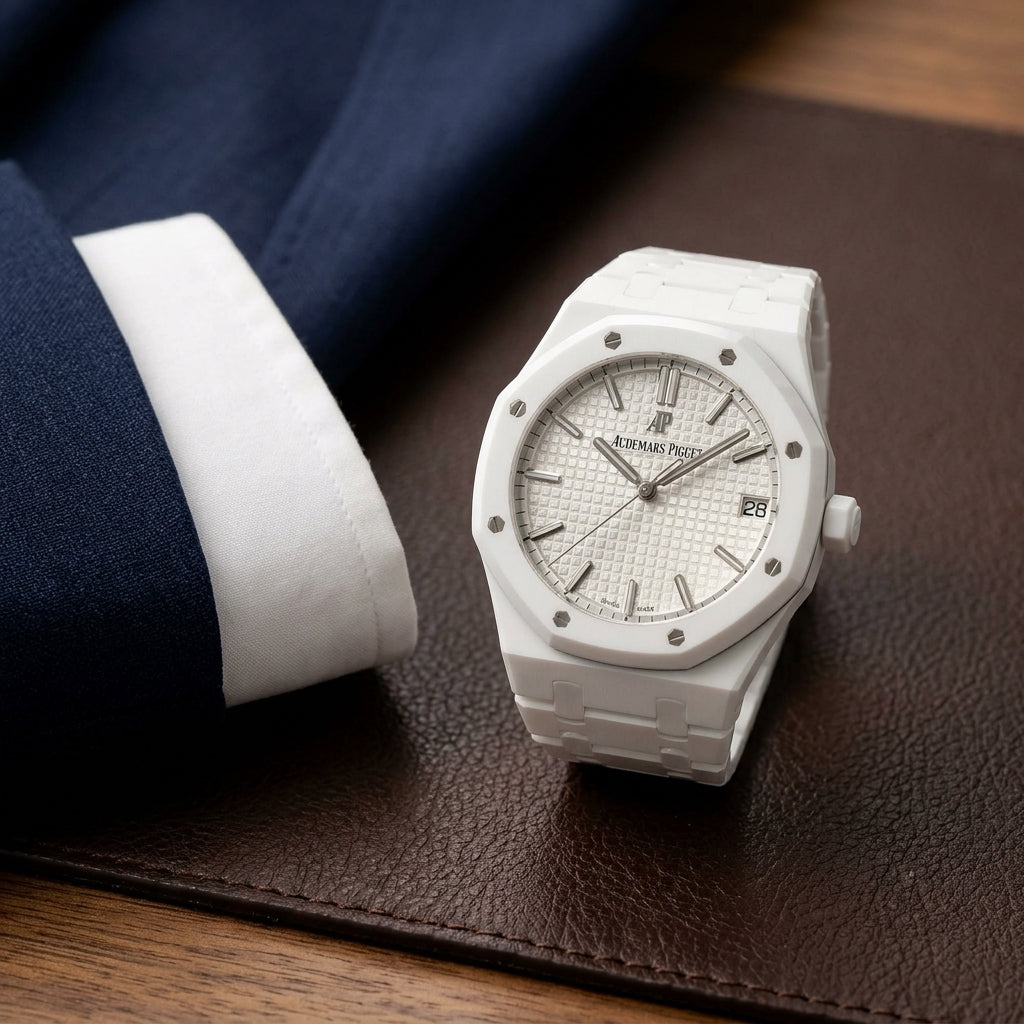 Octagonal Sports Watch — White Ceramic — worn on the wrist under a tailored cuff