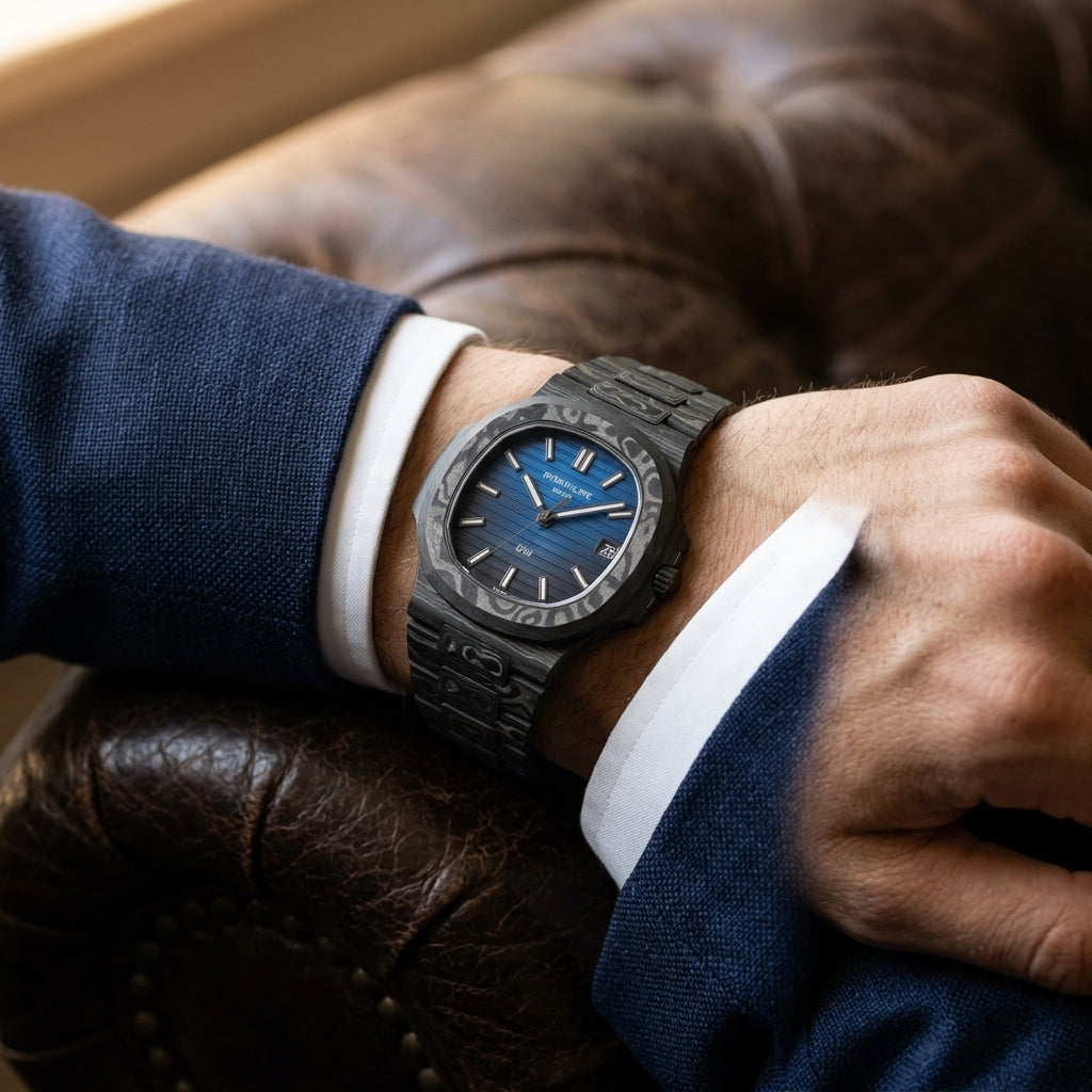 Carbon Sports Watch — Blue Gradient Dial — worn on the wrist under a tailored cuff