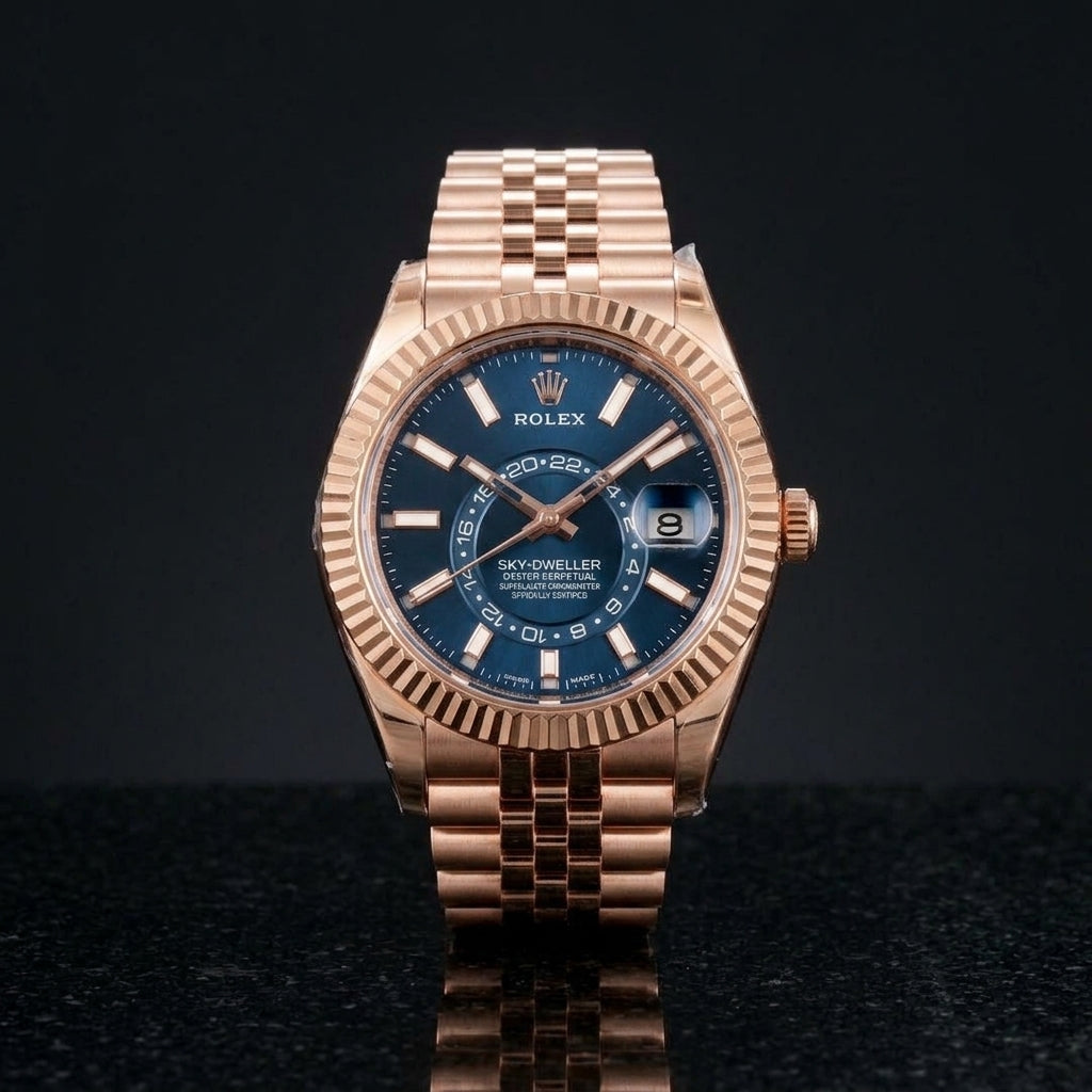 Studio photograph of the Sky-Dweller Rose Gold on black granite